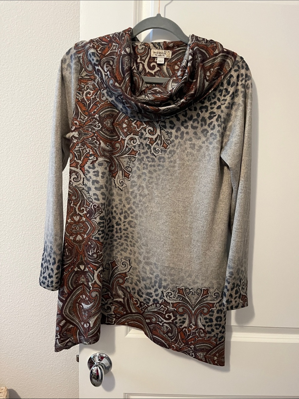 ONE WORLD Brown & Gray Paisley Cowl-Neck Sweater
